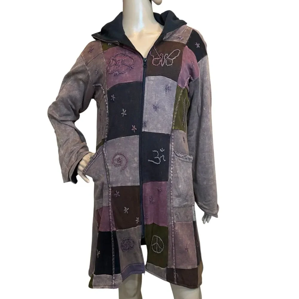 VTG Kathmandu Imports Boho Fairy Grunge Artsy Patchwork Zip Jacket Tunic Dress L - Picture 11 of 16